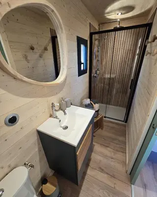 a bathroom with a sink and a toilet and a mirror at La Cabane Aixoise Piscine & Jacuzzi in Aix-en-Provence