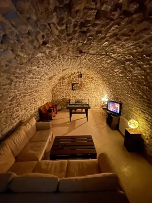 a living room with a couch and a tv in a brick wall at Maison de charme in Apt