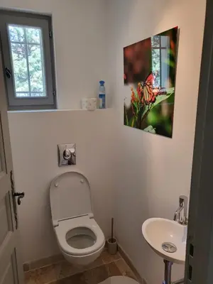 a small bathroom with a toilet and a sink at Villa Doce Lar in Lioux