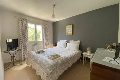 a bedroom with a bed and a window and a television at At Tinou's spacious quiet house with garden for 2 people in LʼIsle-sur-la-Sorgue