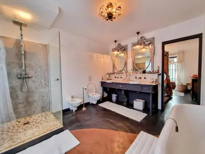 a bathroom with a sink and a shower and a toilet at La Verrière des Songes in Robion en Luberon