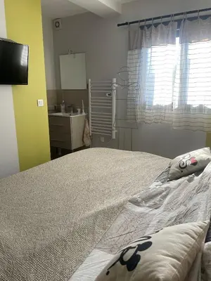 a bedroom with a large bed and a sink at Villa entière piscine jacuzzi venelles in Venelles