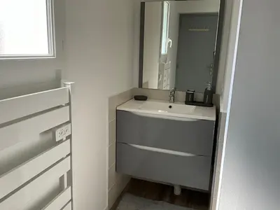 a bathroom with a sink and a mirror at Le petit bastidon gîte à Oppède avec piscine in Oppède