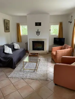 a living room with two couches and a fireplace at Domaine au cœur du Colorado Provençal in Gignac