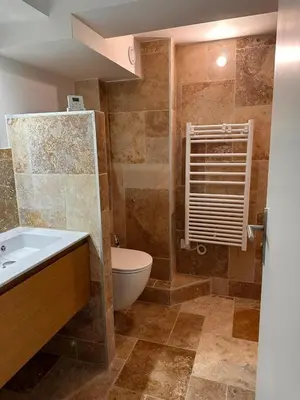 a bathroom with a shower and a sink and a toilet at Studio indépendant au calme proche d'Aix en Provence in Aix-en-Provence