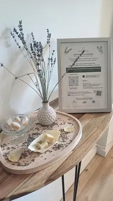 a table with a plate of cheese and a vase of flowers at Le Colibri - studio paisible et raffiné au sud d'Aix in Aix-en-Provence