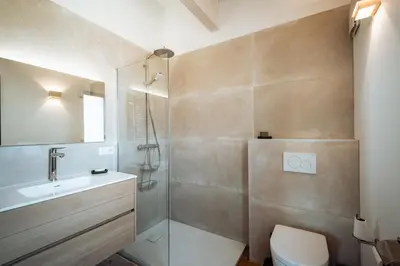 a bathroom with a shower and a toilet and a sink at La Source Blanche in Gargas