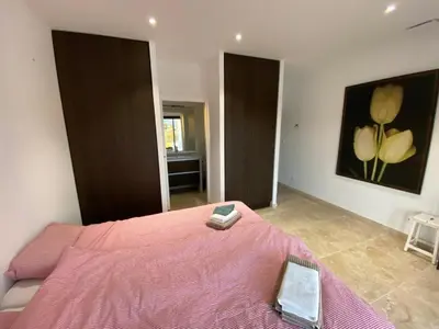 a bedroom with a pink bed with a pink blanket at Villa with pool in Provence bij de Mont Ventoux in Blauvac