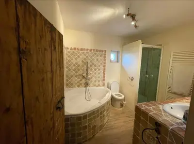 a bathroom with a tub and a toilet and a sink at Mas Bourbon in Cavaillon