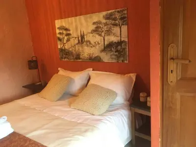 a bed with two pillows and a painting on the wall at alize gîte en Provence in Jonquerettes