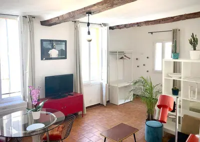 a living room with a tv and a glass table at Appart de charme CLIM 37m2 T1 Hôtel de ville in Aix-en-Provence