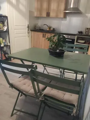 a green table with a potted plant sitting on a chair at Ty'ca house in Velleron