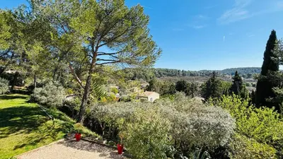 a view of a garden with a tree and bushes at Le Secret des Pins in Pernes-les-Fontaines