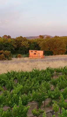 a farm with a building in the middle of a field at La Tiny House des Vignes du Château de Vauclaire in Meyrargues