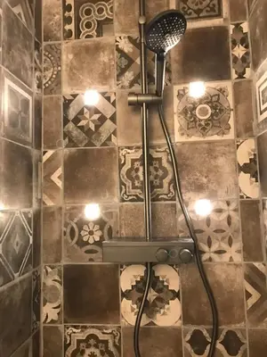 a shower in a bathroom with a tile wall at Les goûts et les couleurs in Cucuron