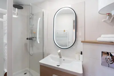 a bathroom with a sink and a shower and a mirror at Studio climatisé plein centre 3eme étage in Aix-en-Provence