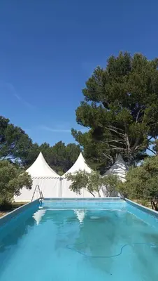 a swimming pool with white tents in the background at L' Aglandau Au coeur des oliviers en Provence in Pélissanne