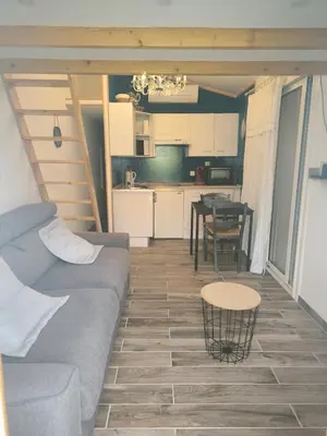 a living room and kitchen with a couch and a table at Logement 2 personnes in Morières-lès-Avignon