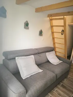 a gray couch with two white pillows on it at Logement 2 personnes in Morières-lès-Avignon