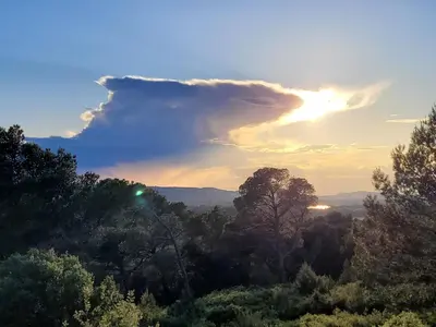 a sunset over a forest with the sun setting in the sky at Gîte Chrysalide du Luberon in Cheval-Blanc