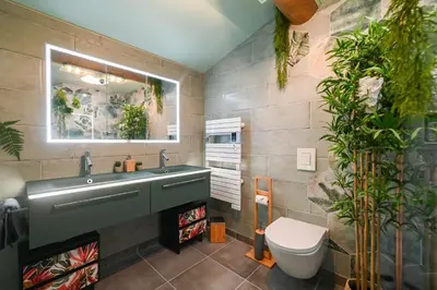 a bathroom with a sink and a toilet and plants at Le MAS DES VERGIERS in Murs