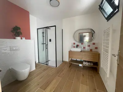 a bathroom with a toilet and a sink and a mirror at Villa Noyau & Pépin in Rognes