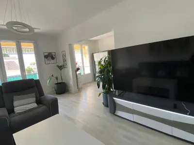 a living room with a couch and a tv at Grand appartement spacieux in Sénas
