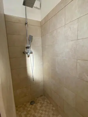 a shower with a shower head in a bathroom at Grand appartement spacieux in Sénas