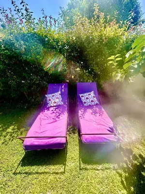 a purple bed sitting in the grass in a field at Évasion Ventoux, villa spacieuse et accessible PMR in Carpentras