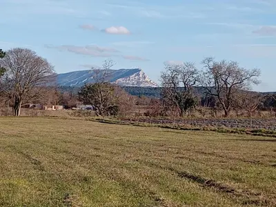 a field with a snow covered mountain in the distance at T3 campagne d'Aix-en-Provence in Meyrargues