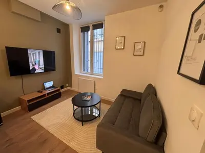 a living room with a couch and a tv at Charmant appartement aixois in Aix-en-Provence