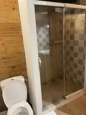 a bathroom with a toilet and a shower at Room in Medieval Cereste in Céreste