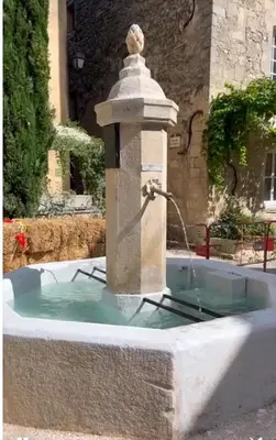 a water fountain in front of a building at Room in Medieval Cereste in Céreste