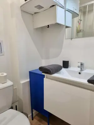 a bathroom with a blue and white sink and a toilet at Appartement climatisation centre historique in Aix-en-Provence