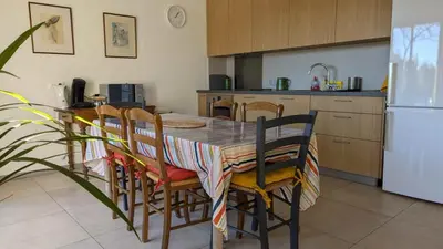 a kitchen with a table with chairs and a refrigerator at Gîte le Micocoulier in Carpentras