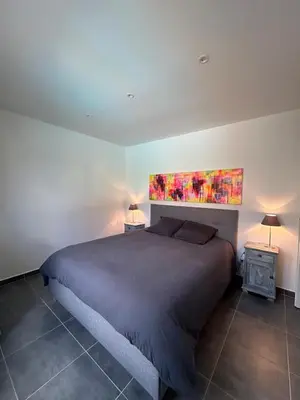 a bedroom with a large bed and two lamps at Villa confort avec piscine in Entraigues-sur-la-Sorgue