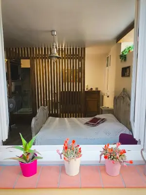 a bedroom with a bed with three potted plants at Chez Nine, chambre indépendante avec terrasse in Sénas