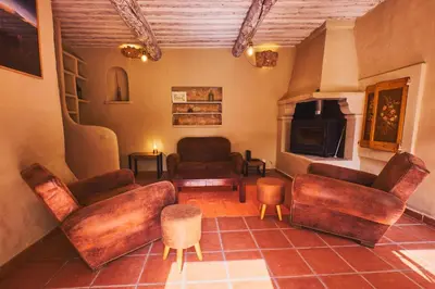 a living room with leather furniture and a fireplace at Maison provençale avec jardin in Velleron