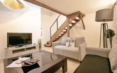 a living room with a couch and a tv at Appartement T4 plein centre ville escalier étroit in Aix-en-Provence