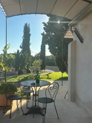 a patio with a table and chairs and an umbrella at Brin d'Olivier en Luberon in Gargas