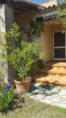 a porch of a house with potted plants on it at Maison de charme en Luberon à proximité de Lourmarin piscine privée et grand jardin in Puyvert