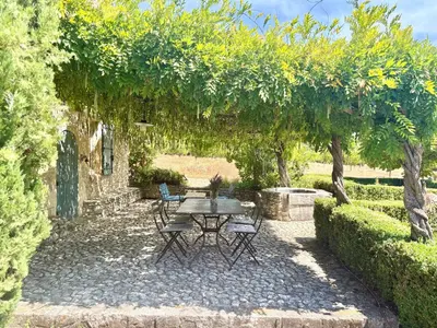 a patio with a table and chairs under a tree at Bastidon Silvestre in Saint-Saturnin-les-Apt