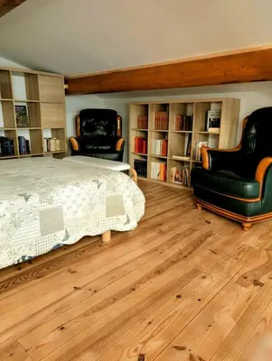 a bedroom with two chairs and a bed and bookshelves at La poumo d'amour in La Tour-dʼAigues