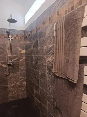 a bathroom with a shower with a towel on the wall at La poumo d'amour in La Tour-dʼAigues
