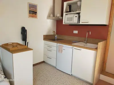 a small kitchen with a sink and a microwave at Studio Les Alizés du Luberon in Pertuis