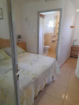 a bedroom with a bed and a bathroom with a shower at Chambres d'Hôtes Chez Cécile à Lagnes in Lagnes