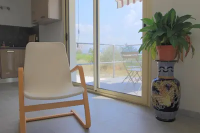 a white chair sitting next to a vase with a plant at La Luberonnette in Saint-Saturnin-les-Apt