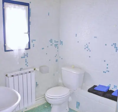 a white bathroom with a toilet and a sink at Mas De La Pomme De Pin in Noves