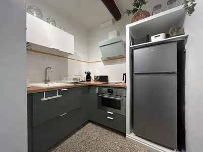 a kitchen with a black refrigerator and a sink at Grand appartement spacieux et lumineux à Noves in Noves