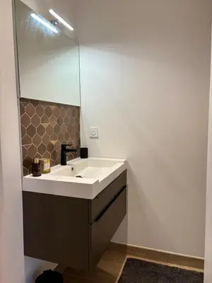 a bathroom with a white sink and a mirror at Villa moderne au coeur de la provence in Pernes-les-Fontaines